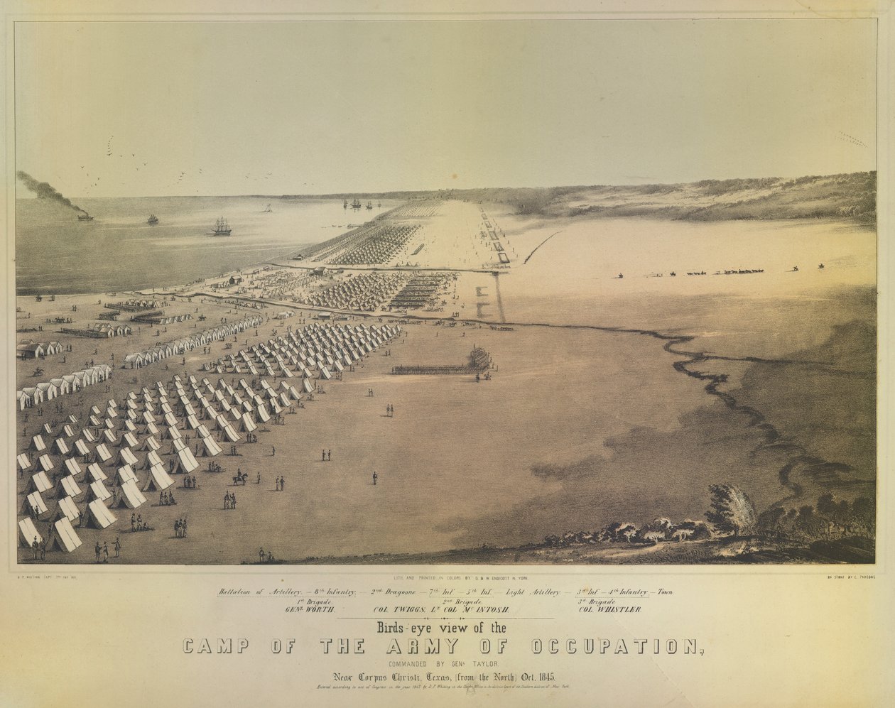 G & W Endicott, New York, 1847 द्वारा मुद्रित सेना के शिविर का पक्षी-दृष्टि का दृश्य द्वारा अमेरिकी स्कूल
