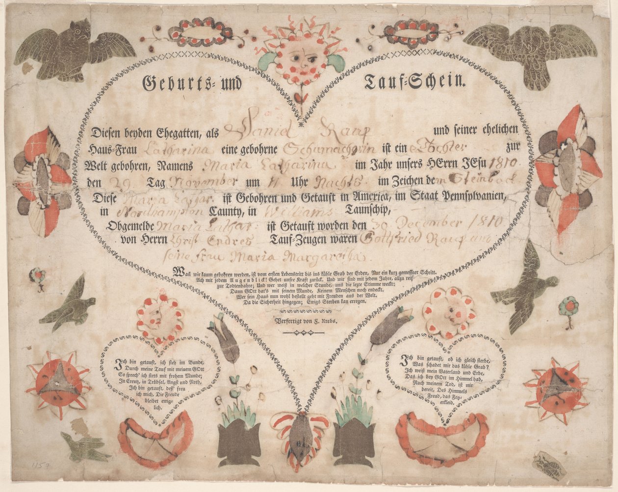 मारिया कैथरीना राउप c.1806 (कागज पर पानी के रंग के साथ कलम और स्याही) के लिए जन्म और बपतिस्मा प्रमाण पत्र (गेबर्ट्स अंड तौफ्शेन) द्वारा अमेरिकी स्कूल