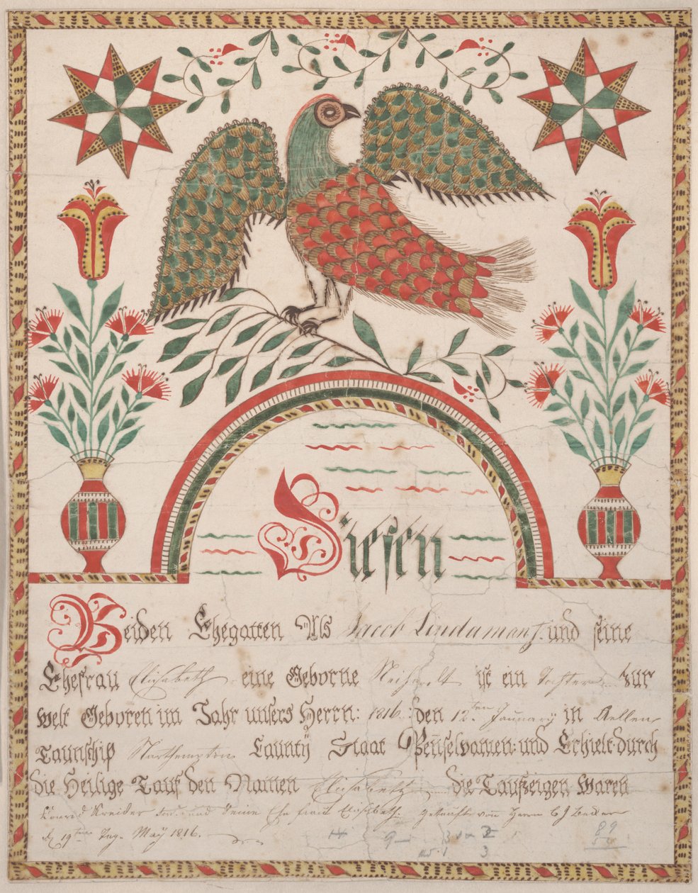 एलिजाबेथ लिंडमन के लिए जन्म और बपतिस्मा प्रमाणपत्र, c.1820 (कागज पर स्याही और wc) द्वारा अमेरिकी स्कूल
