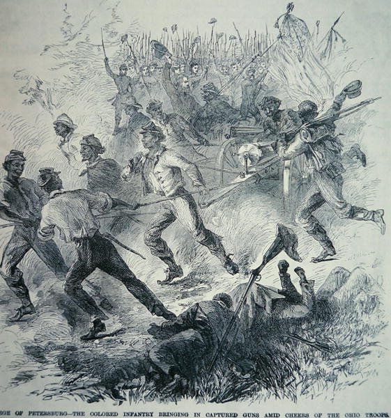 पीटर्सबर्ग की घेराबंदी (1864-65) (लिथो) के दौरान केंद्रीय सेना के ब्लैक ट्रूप्स कैप्चर की गई बंदूकें लेकर आए द्वारा अमेरिकी स्कूल