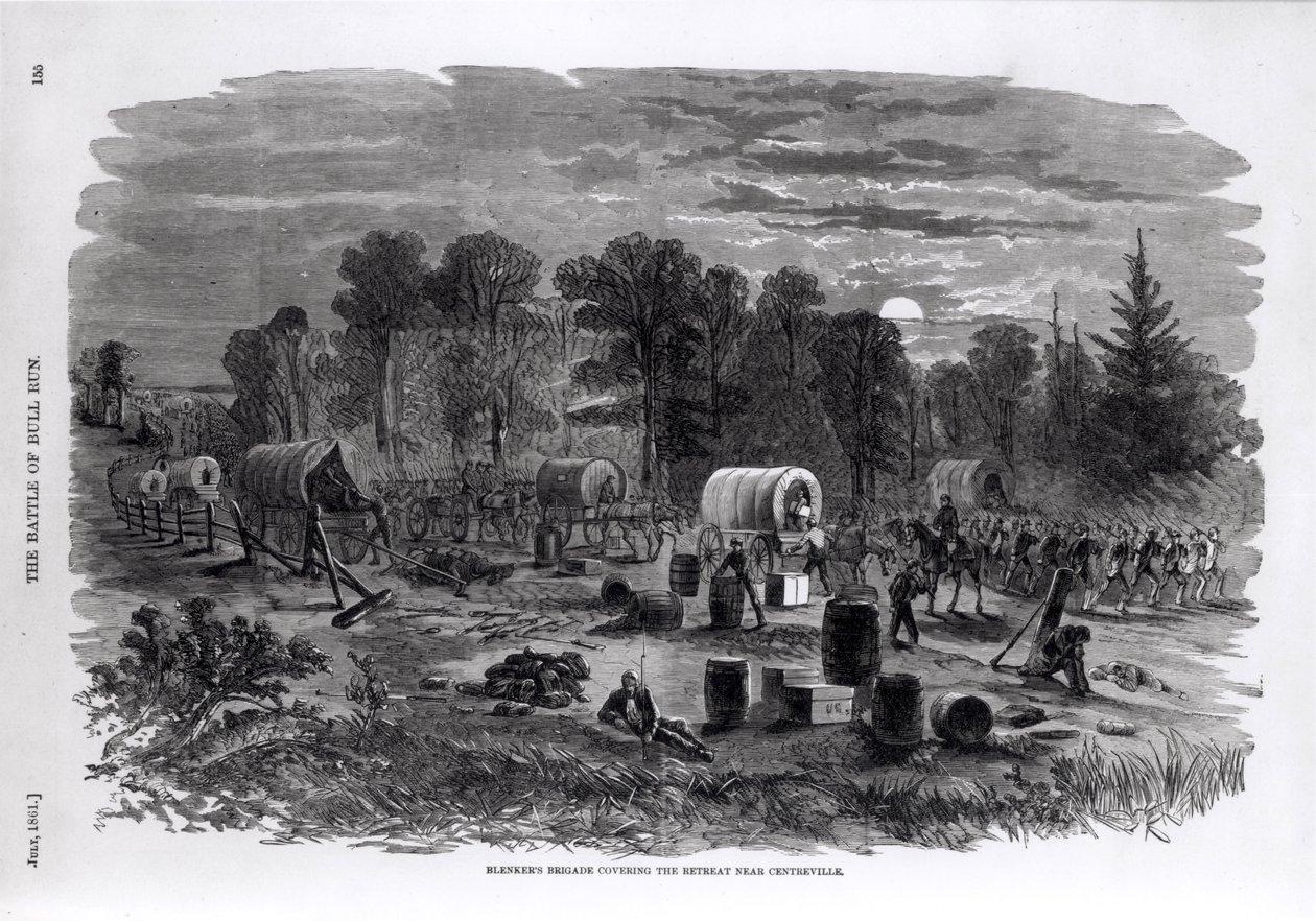 ब्लेंकर की ब्रिगेड ने &39;हार्पर पिक्टोरियल हिस्ट्री ऑफ द सिविल वॉर&39;, 1861 से, सेंटर्विल के पास रिट्रीट के पास जुलाई 1861 को कवर किया। द्वारा अमेरिकी स्कूल