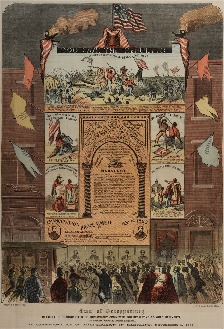 अफ्रीकी अमेरिकियों की भर्ती और मैरीलैंड, रिंगवॉल्ट और ब्राउन (fl.1863-1865) में मुक्ति का जश्न मनाने के बारे में, c.1 नवंबर 1864 (जीएलसी 696014, 696016 और 696017 देखें) द्वारा अमेरिकी स्कूल