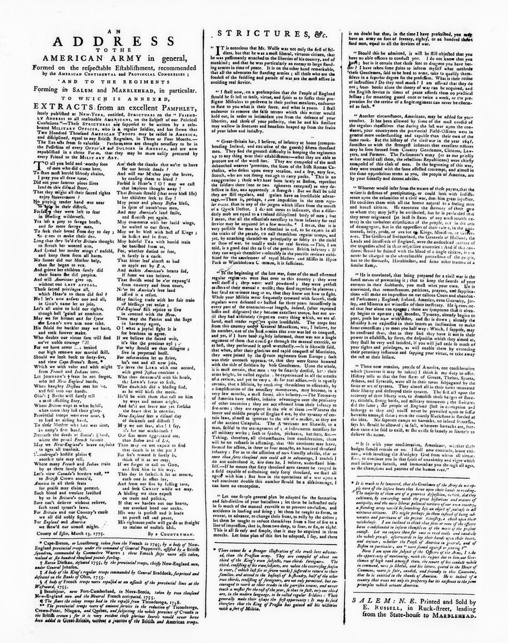 अमेरिकी सेना, सलेम, 1775 (प्रिंट) के लिए एक पते के साथ व्यापक द्वारा अमेरिकी स्कूल