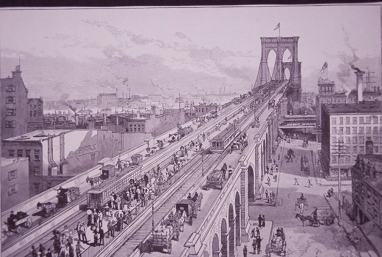 उद्घाटन समारोह के ठीक बाद ब्रुकलिन ब्रिज, 26 मई 1883 को प्रकाशित (उत्कीर्णन) द्वारा अमेरिकी स्कूल