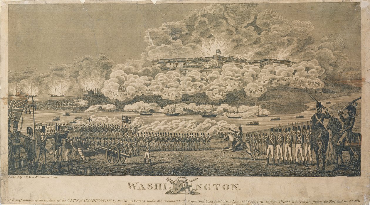 अंग्रेजों द्वारा वाशिंगटन को जलाना, 24 अगस्त 1814 को आई। रायलैंड द्वारा प्रकाशित द्वारा अमेरिकी स्कूल