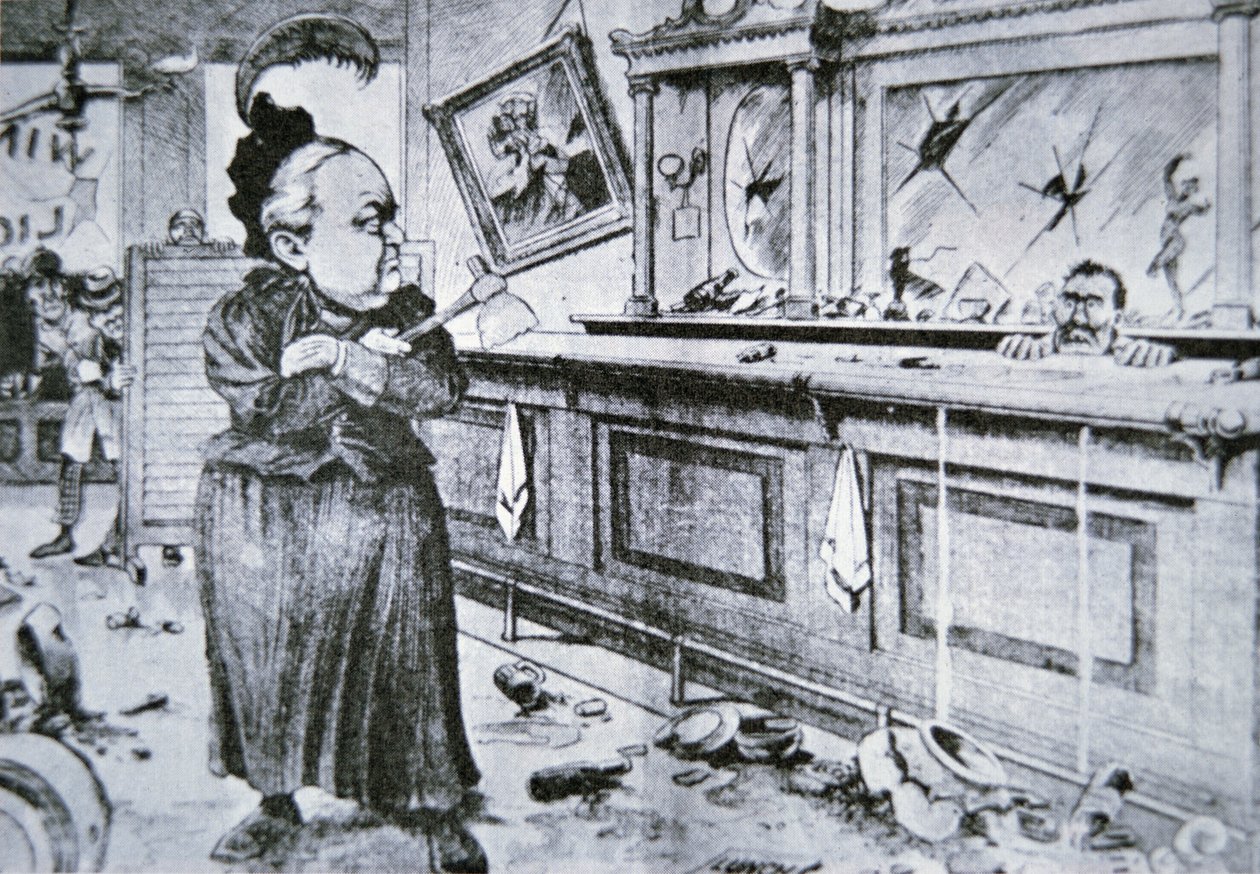 कैरी नेशन विद उसकी हैचेट, c.1905 (लिथो) द्वारा अमेरिकी स्कूल