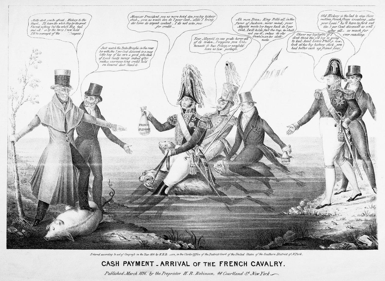 नकद भुगतान - एचआर रॉबिन्सन, न्यूयॉर्क, 1836 (उत्कीर्ण) द्वारा प्रकाशित फ्रांसीसी कैवलरी का आगमन द्वारा अमेरिकी स्कूल