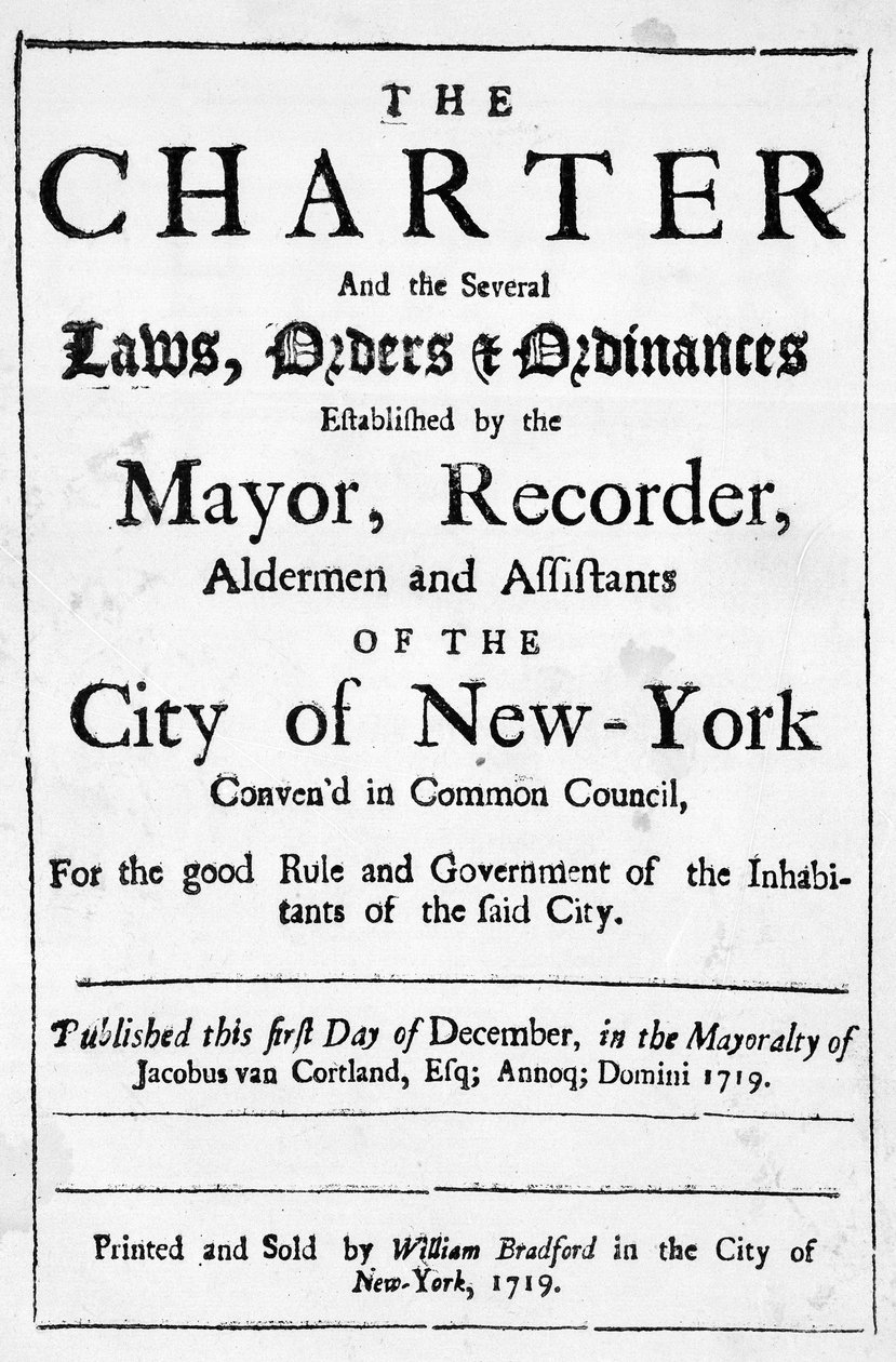 न्यूयॉर्क शहर का चार्टर, 1719 (प्रिंट) द्वारा अमेरिकी स्कूल