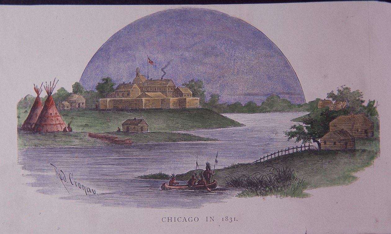 1831 में शिकागो, 19वीं सदी के अंत में (रंगीन उत्कीर्णन) द्वारा अमेरिकी स्कूल