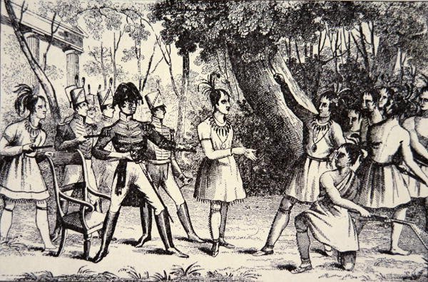 चीफ टेकुमसेह (1768-1813) जनरल हैरिसन (1773-1841) (उत्कीर्णन) को धता बताते हुए द्वारा अमेरिकी स्कूल