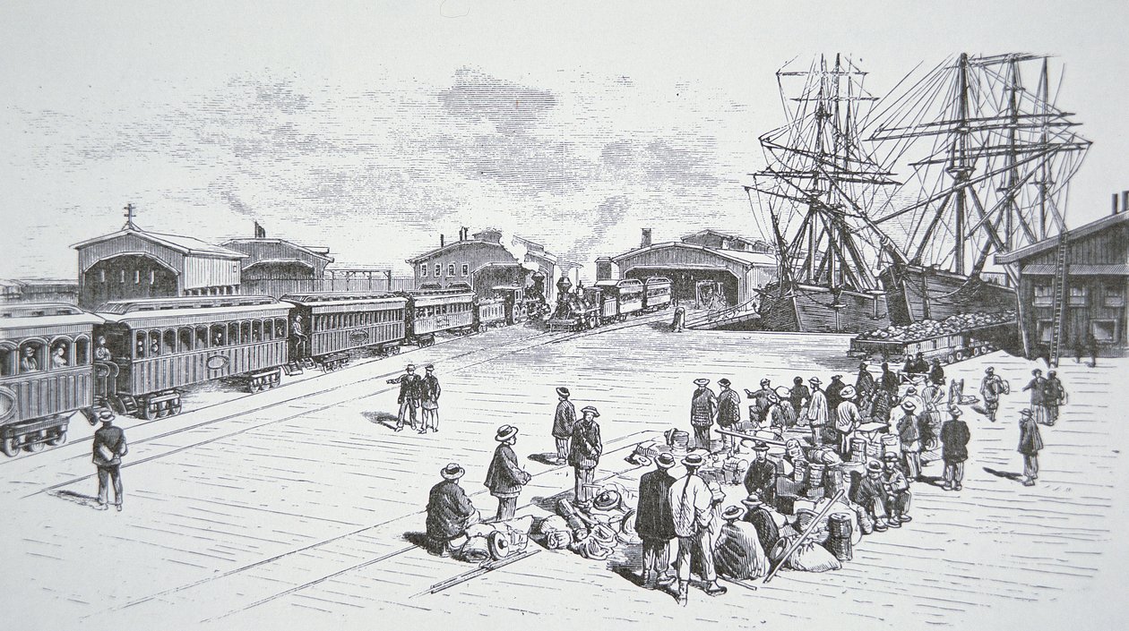 1860 के दशक (लिथो) के दौरान अंतरमहाद्वीपीय रेलमार्ग पर काम करने के लिए सैन फ्रांसिस्को पहुंचने वाले चीनी अप्रवासी या 'कुली' द्वारा अमेरिकी स्कूल