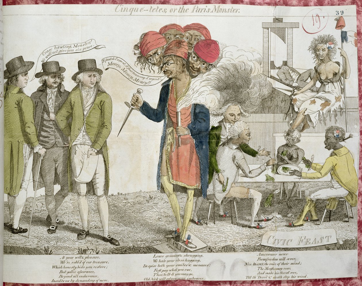 Cinque-Tetes या पेरिस मॉन्स्टर, कार्टून XYZ अफेयर, 1797 पर व्यंग्य करता है द्वारा अमेरिकी स्कूल