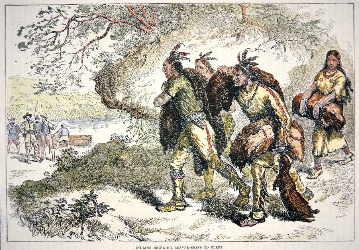 औपनिवेशिक फर व्यापारी (रंगीन उत्कीर्णन) द्वारा अमेरिकी स्कूल