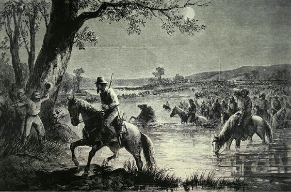 1862 में मैरीलैंड पर आक्रमण के दौरान पोटोमैक नदी के कनफेडरेट आर्मी क्रॉसिंग फ़ोर्ड्स (लिथो) द्वारा अमेरिकी स्कूल