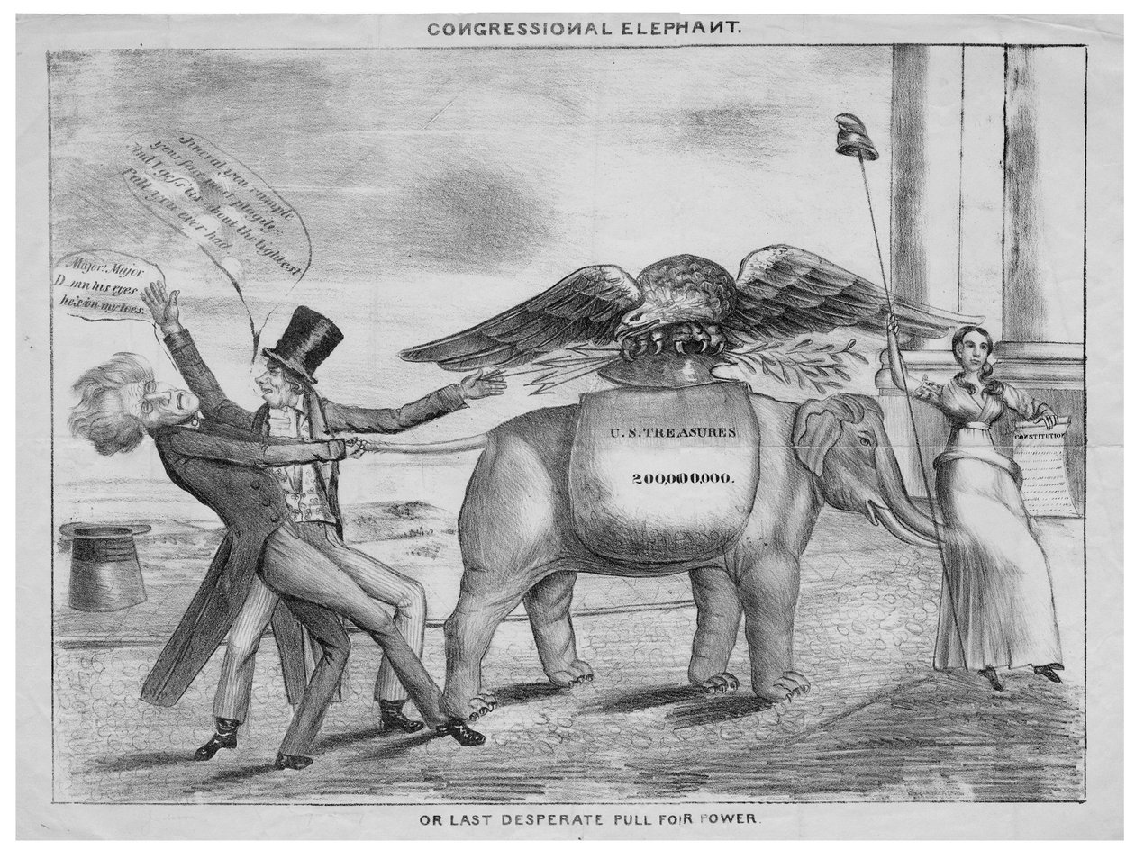कांग्रेस का हाथी, या, सत्ता के लिए आखिरी हताश पुल, c.1832 द्वारा अमेरिकी स्कूल