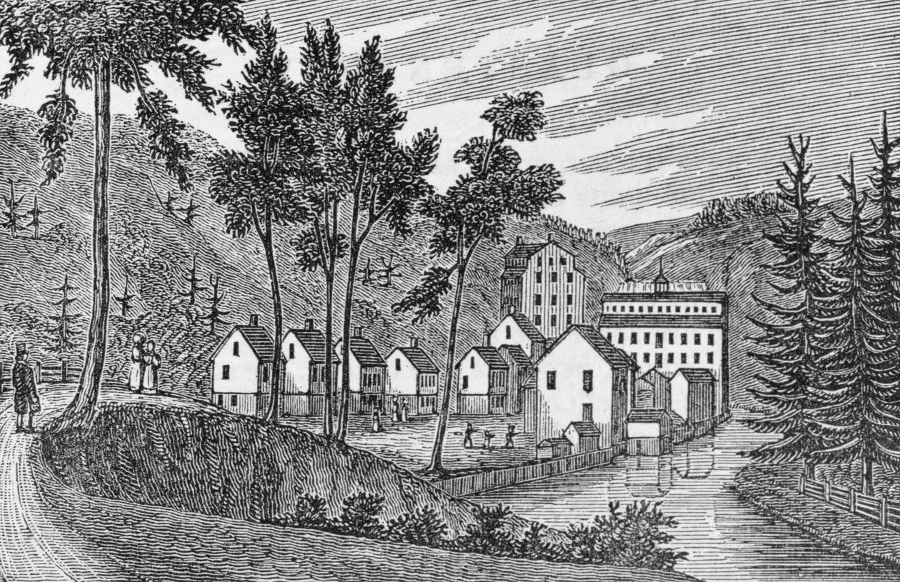 1856 में जॉन वार्नर नाई द्वारा &39;कनेक्टिकट हिस्टोरिकल कलेक्शंस&39; से कॉटन फैक्ट्री गांव, ग्लेस्टेनबरी द्वारा अमेरिकी स्कूल