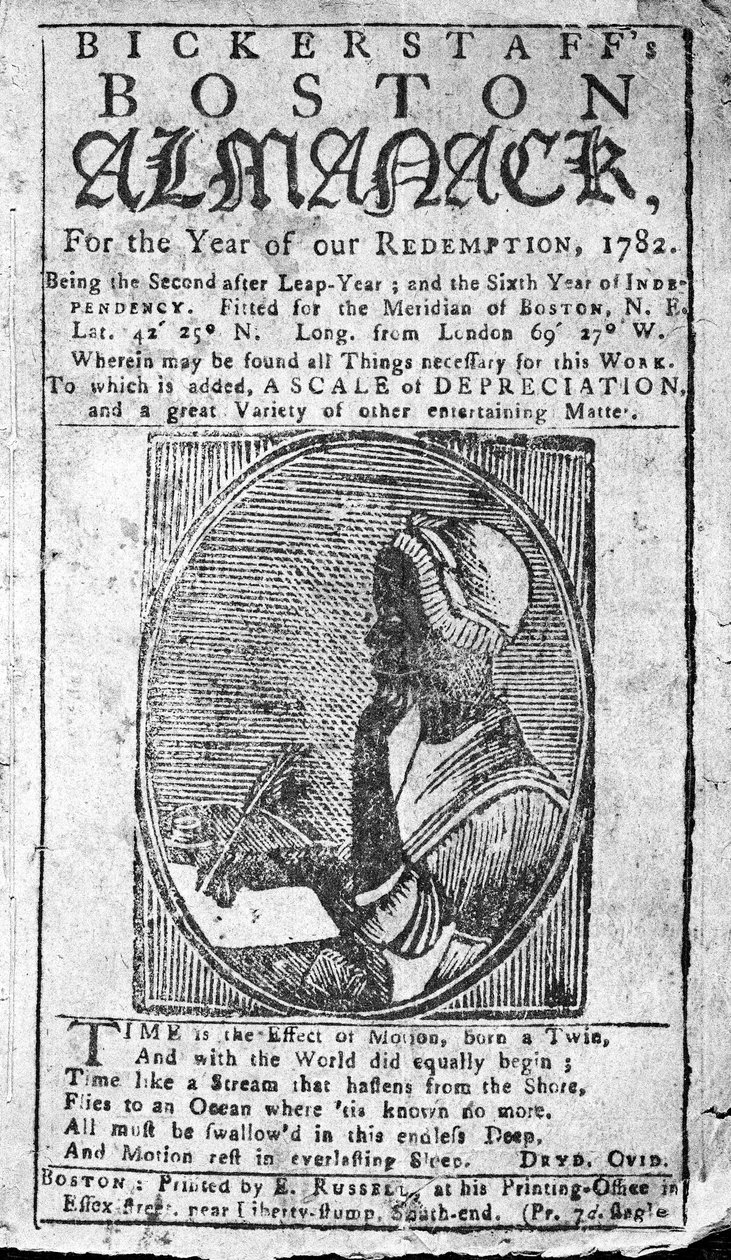बिसलस्टाफ के कवर बोस्टन अलमनैक ने फिलिस व्हेटली (1753-84) का एक चित्र पेश किया जो 1782 (प्रकाशित) द्वारा अमेरिकी स्कूल