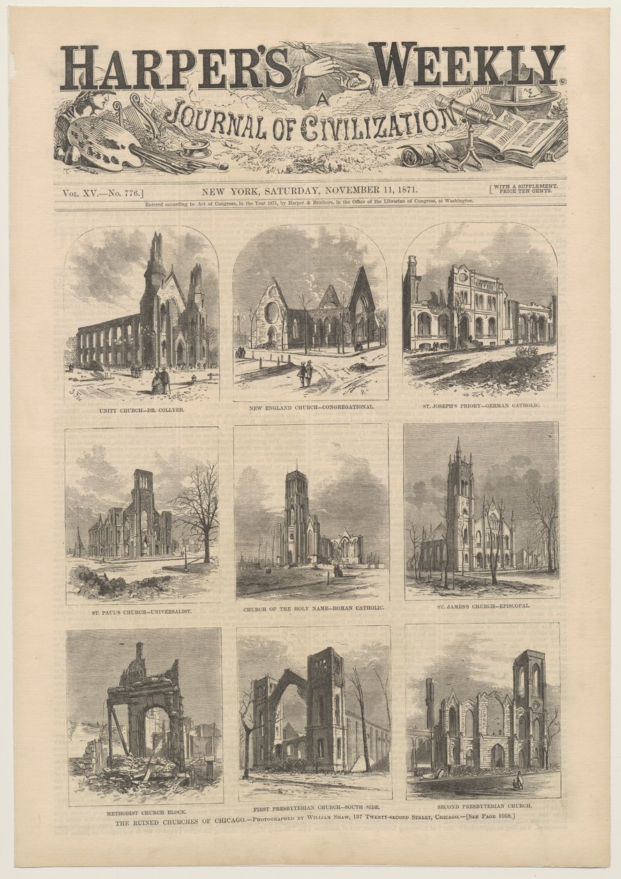 11 नवंबर, 1871 को शिकागो के बर्बाद चर्चों के दृश्य दिखाते हुए हार्पर्स वीकली कवर द्वारा अमेरिकी स्कूल