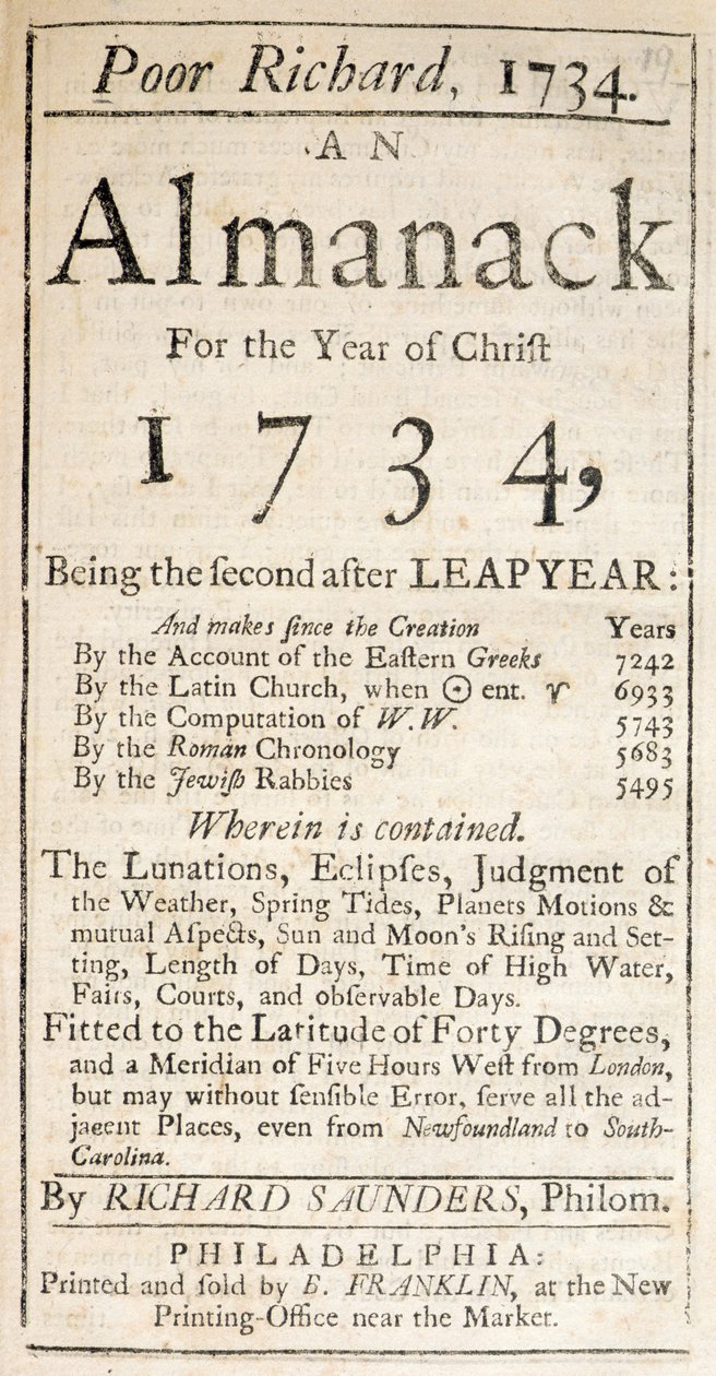 गरीब रिचर्ड का कवर, एक पंचांग, 1734 (प्रिंट) द्वारा अमेरिकी स्कूल