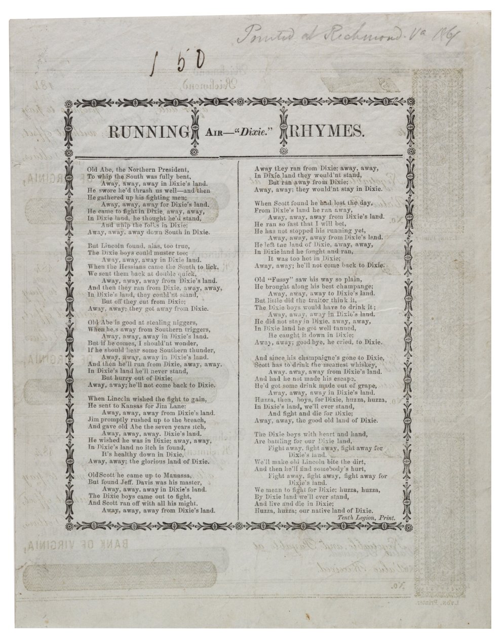डिक्सी एक शीट चेक, 1861 के पीछे छपी द्वारा अमेरिकी स्कूल