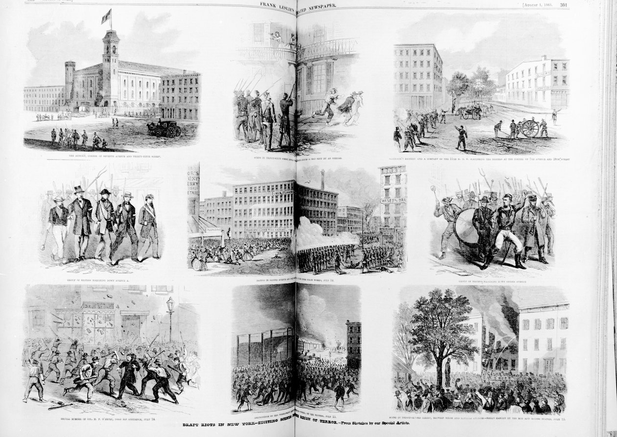 न्यूयॉर्क में ड्राफ्ट दंगे, आतंक के शासनकाल के दौरान रोमांचक दृश्य, 1863 द्वारा अमेरिकी स्कूल