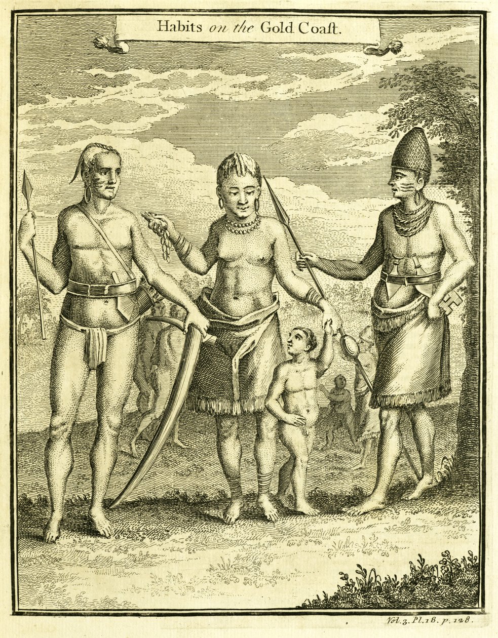 केप लोप गोंसाल्वो और रियो गैबॉन के लोगों की पोशाक, थॉमस एस्टली द्वारा 1745-47 में "हैबिट्स ऑन द गोल्ड कोस्ट" का चित्रण। द्वारा अमेरिकी स्कूल