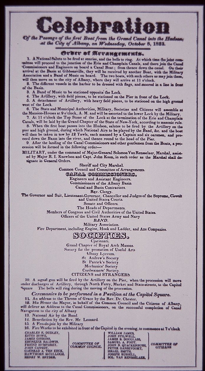एरी नहर: न्यूयॉर्क राज्य नहर प्रणाली का मुख्य भाग; 8 अक्टूबर 1823 का चौड़ा हिस्सा अपने उद्घाटन का जश्न मना रहा है (1825 में पूरा हुआ) (लिथो) द्वारा अमेरिकी स्कूल