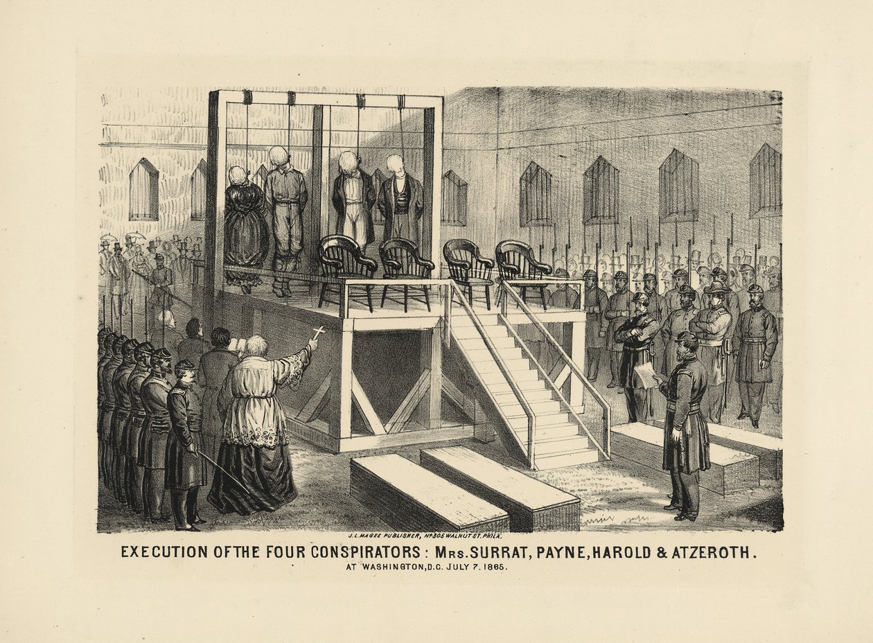 चार षड्यंत्रकारियों का निष्पादन: 7 जुलाई, 1865 को वाशगिंटन डीसी में श्रीमती सुराट, पायने, हेरोल्ड एंड एटज़रिथ। 1865 द्वारा अमेरिकी स्कूल