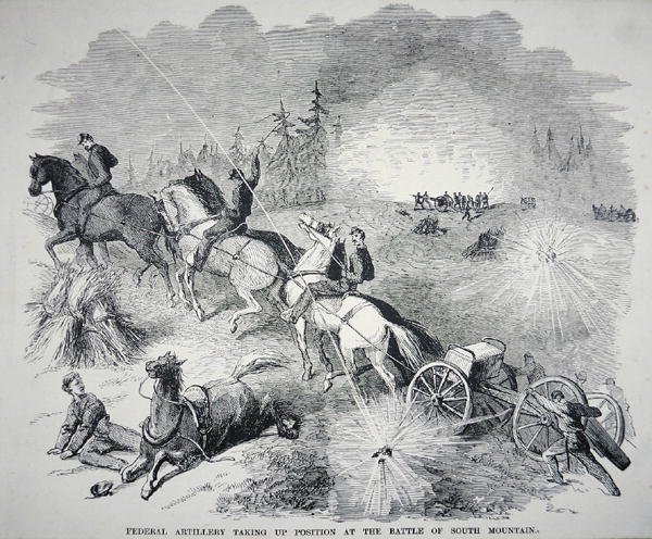 सितंबर 1862 (उत्कीर्णन) दक्षिण पर्वत की लड़ाई में स्थिति लेते हुए संघीय तोपखाने द्वारा अमेरिकी स्कूल