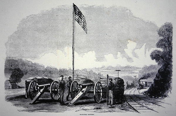 अमेरिकी गृहयुद्ध (1861-65) (लिथो) के दौरान रेलमार्ग की सुरक्षा के लिए संघीय रेत-बैग बैटरी द्वारा अमेरिकी स्कूल