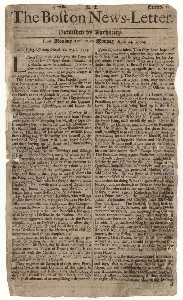 बोस्टन समाचार-पत्र का पहला अंक, 1704 (अखबारी कागज) द्वारा अमेरिकी स्कूल