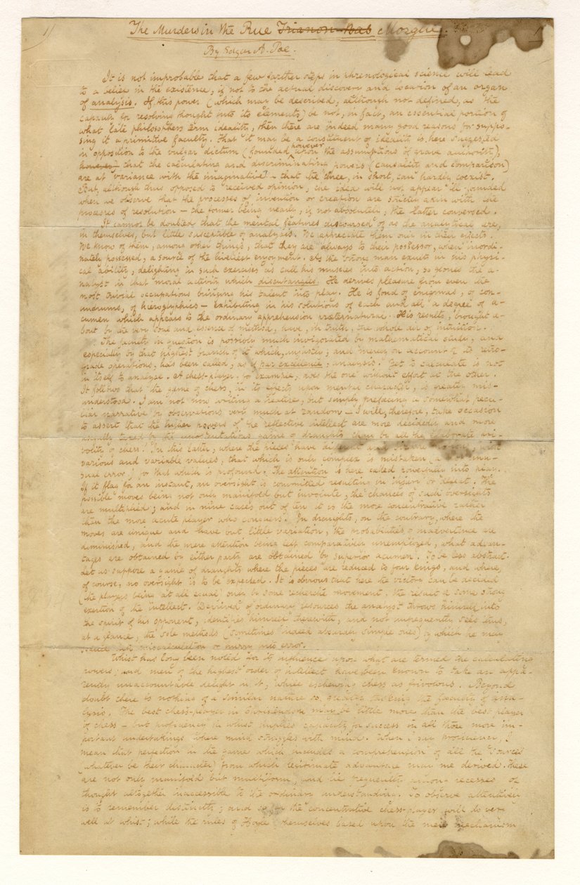 1841 में एडगर एलन पो द्वारा मर्ड्स इन द राउड मुर्गे का पहला पृष्ठ द्वारा अमेरिकी स्कूल