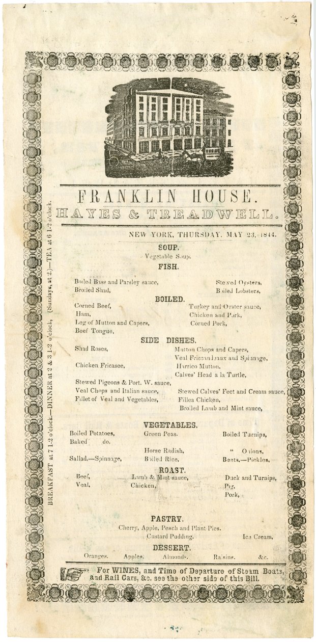23 मई 1844, 1844 के लिए फ्रैंकलिन हाउस मेनू (उत्कीर्ण मेनू) द्वारा अमेरिकी स्कूल
