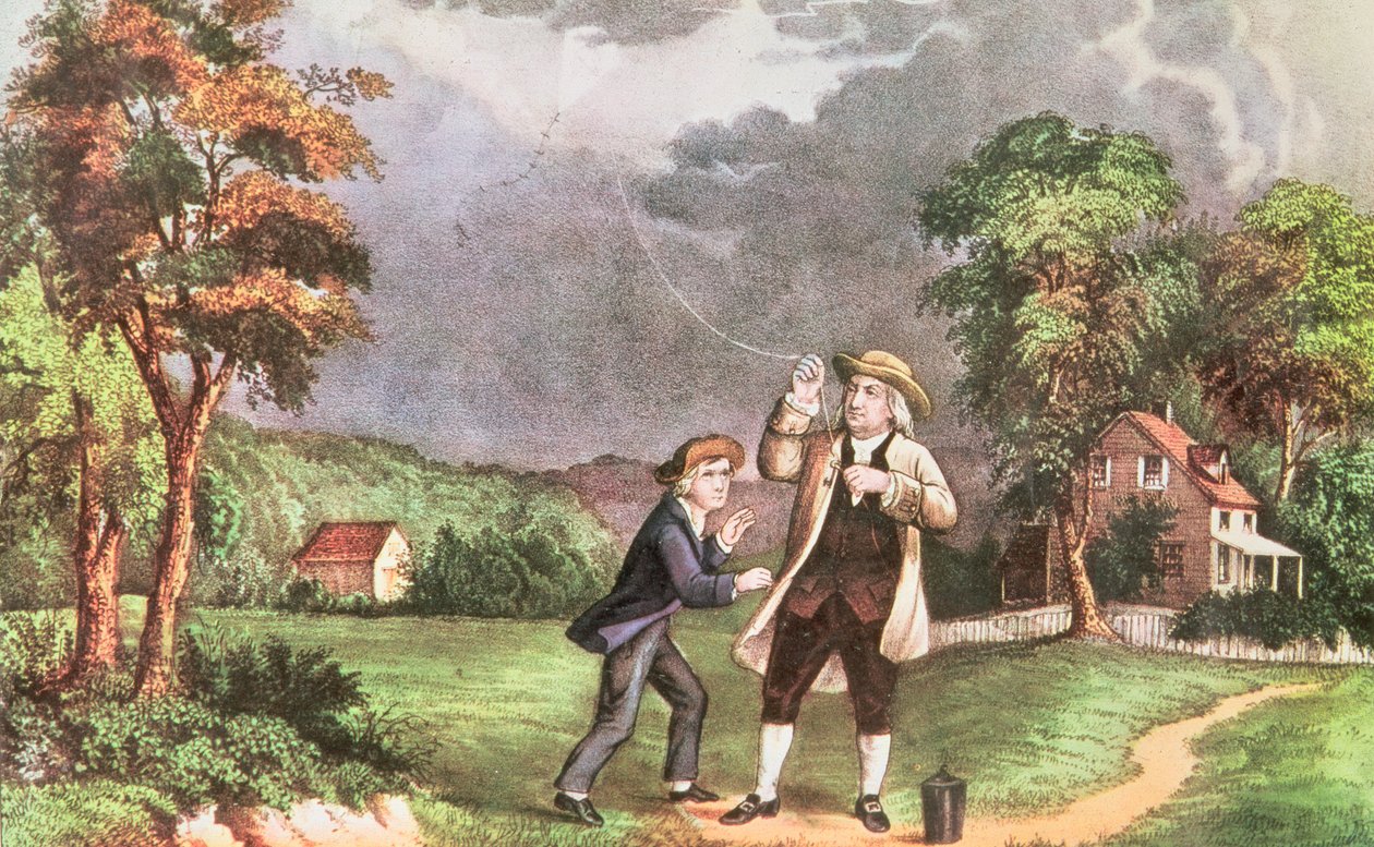फ्रेंकलिन बिजली में प्रयोग करते हैं c.1746, पब। करियर और इव्स (प्रिंट) द्वारा द्वारा अमेरिकी स्कूल
