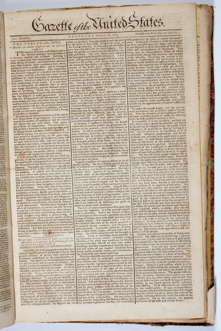 संयुक्त राज्य अमेरिका के राजपत्र का फ्रंट पेज, 15 अप्रैल, 1789 द्वारा अमेरिकी स्कूल
