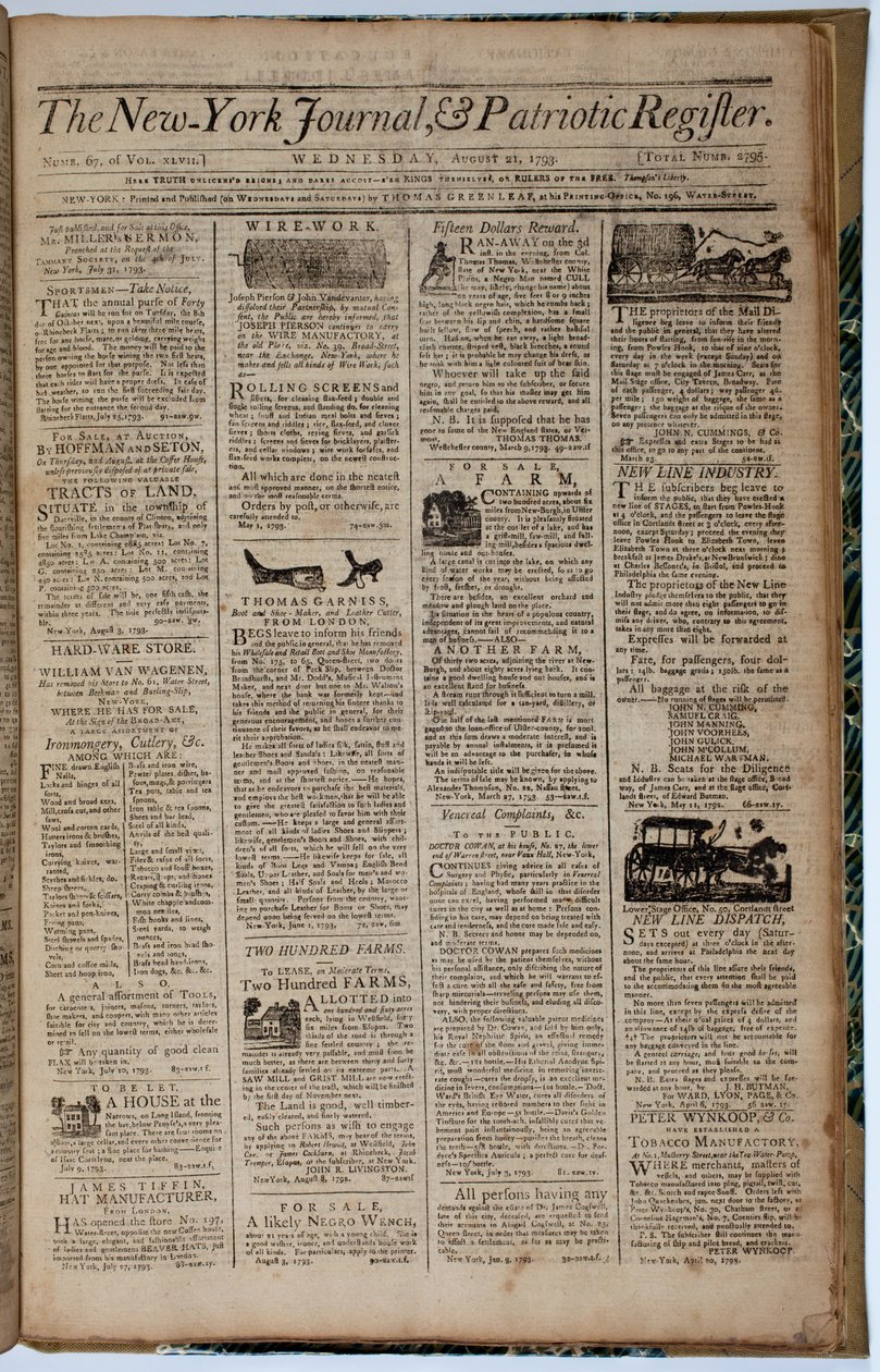 न्यूयॉर्क जर्नल और पैट्रियट रजिस्टर का फ्रंट पेज, 21 अगस्त 1793 द्वारा अमेरिकी स्कूल
