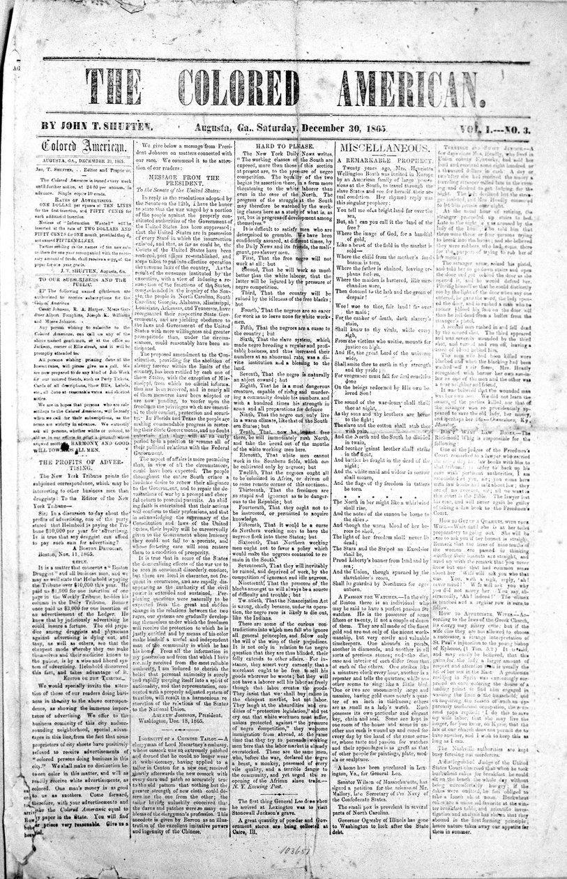 द कलर्ड अमेरिकन का फ्रंट पेज, 30 दिसंबर, 1865 (प्रिंट) द्वारा अमेरिकी स्कूल
