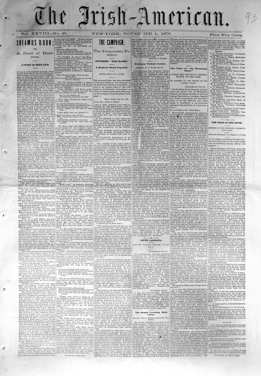 द आयरिश-अमेरिकन का फ्रंट पेज, 4 नवंबर, 1876 में प्रकाशित द्वारा अमेरिकी स्कूल