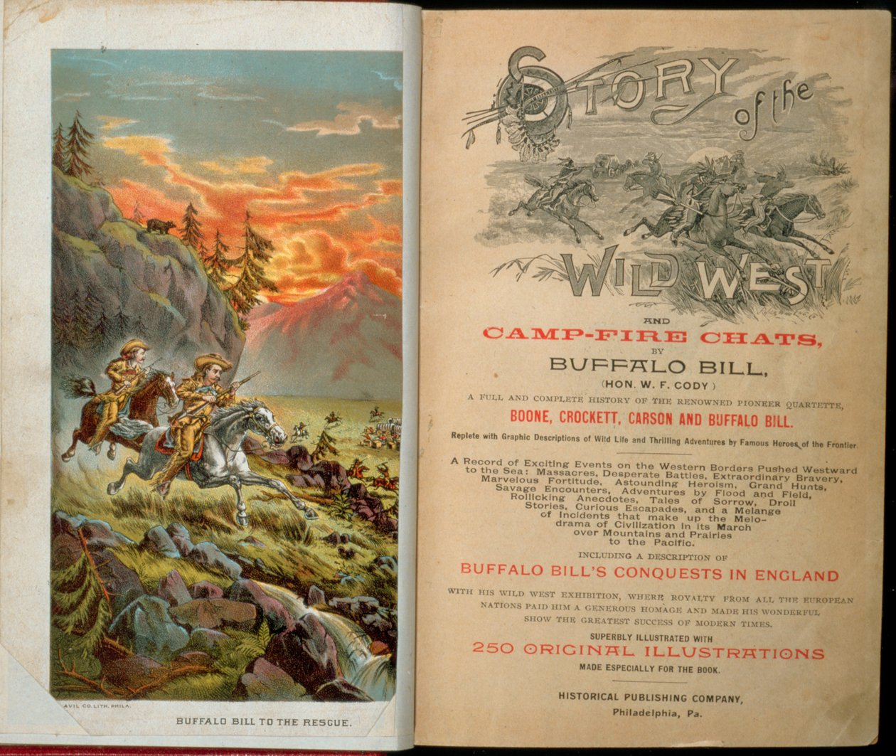 बफ़ेलो बिल (1846-1917) द्वारा स्टोरी ऑफ़ द वाइल्ड वेस्ट एंड कैंप फायर चैट्स का फ्रंट पेज द्वारा अमेरिकी स्कूल