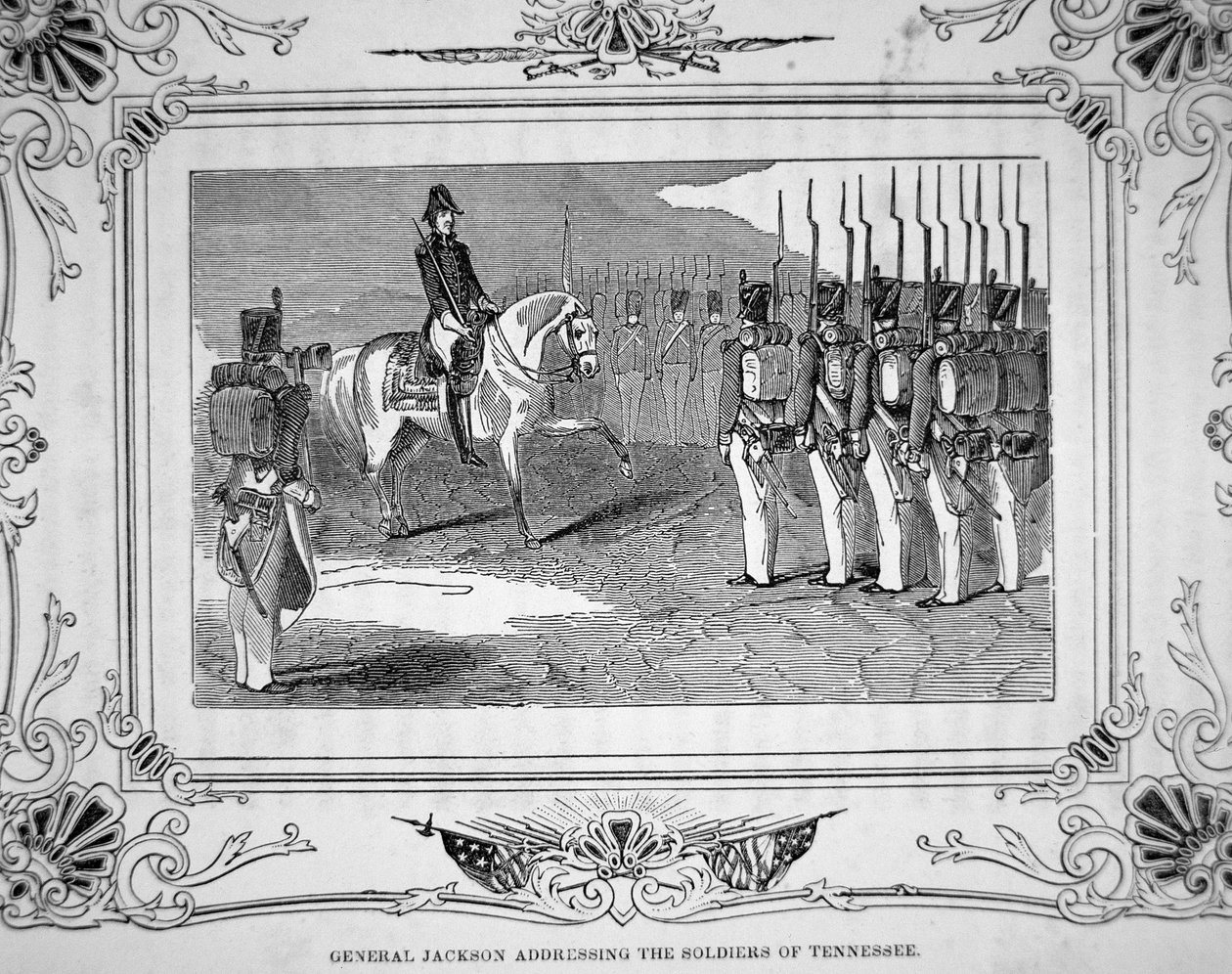 27 मार्च 1814 को हॉर्सहो बेंड की लड़ाई से पहले जनरल एंड्रयू जैक्सन टेनेसी मिलिशिया से बात करते हैं द्वारा अमेरिकी स्कूल