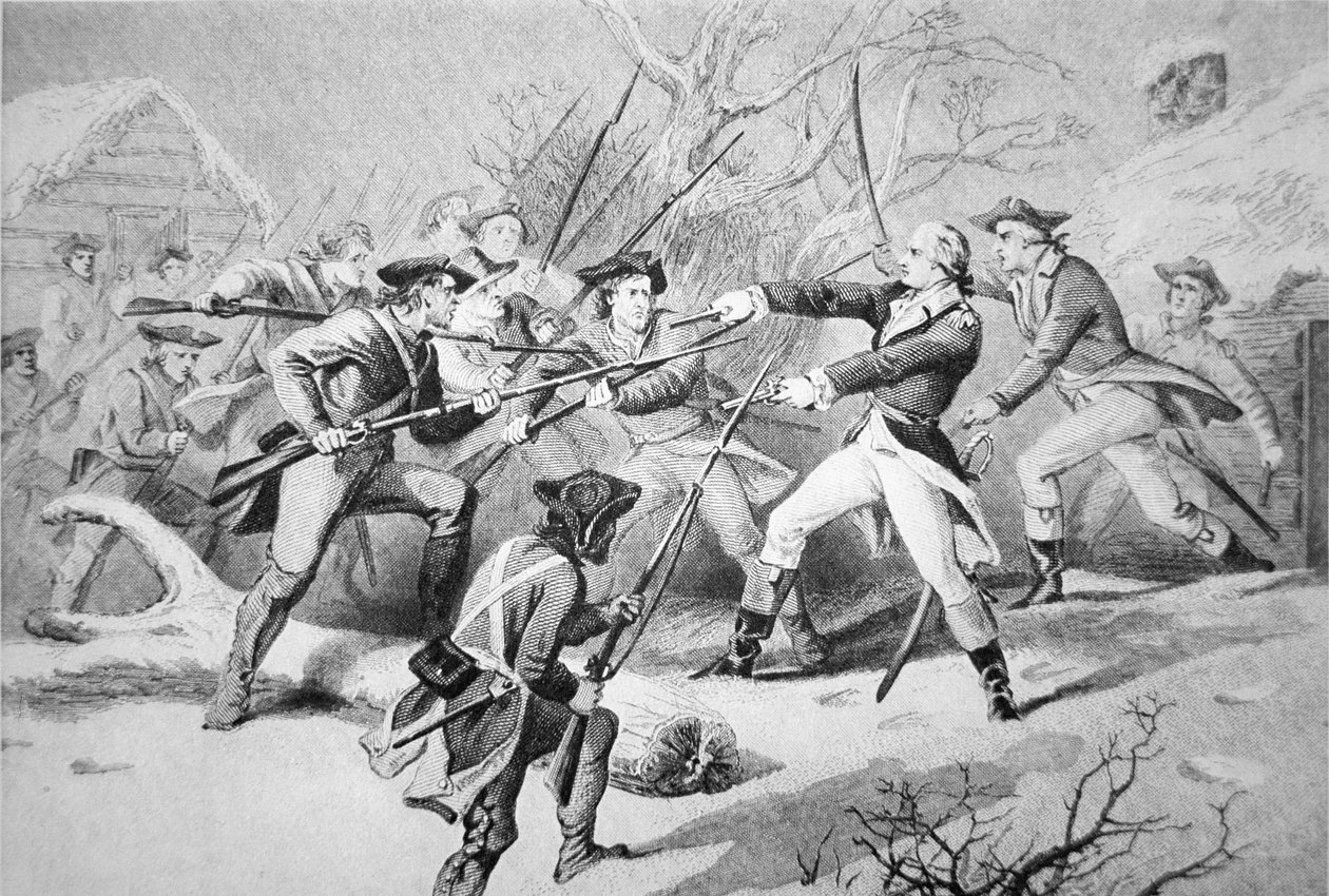 जनरल एंथोनी वेन ने नए साल के दिन 1781 (लिथो) पर मॉरिसटाउन से पेन्सिवियन सैनिकों के एक विद्रोह को दबाने का प्रयास किया। द्वारा अमेरिकी स्कूल