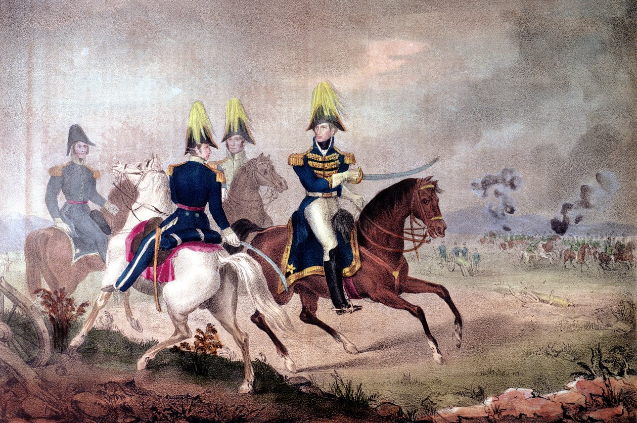 1813 में टेम्स की लड़ाई में जनरल विलियम हेनरी हैरिसन (1773-1841) और स्टाफ द्वारा अमेरिकी स्कूल