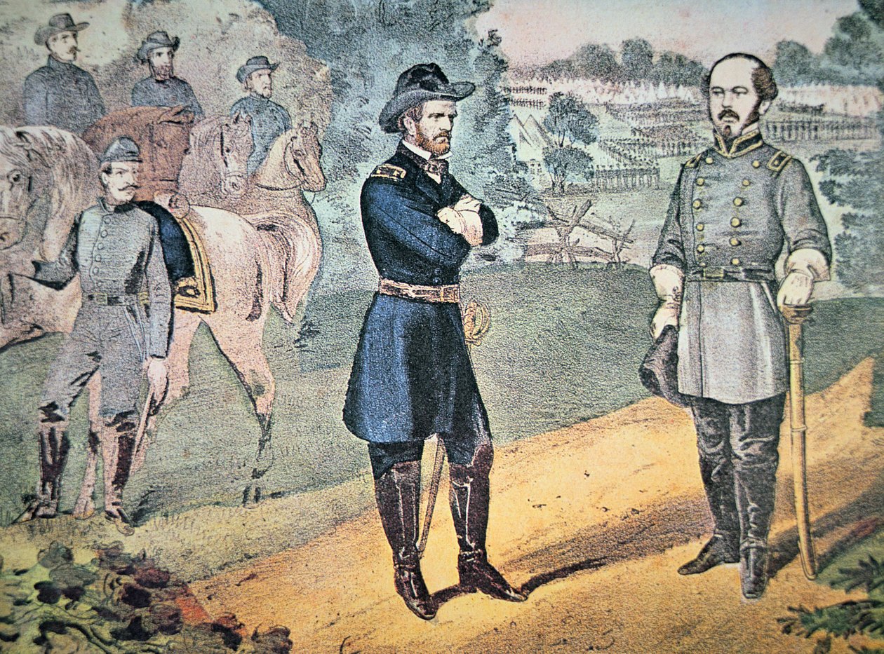 1865 में उत्तरी कैरोलिना में संघीय बलों के आत्मसमर्पण की व्यवस्था करने के लिए जनरल शेरमेन और जॉनसन मिलते हैं (रंगीन लिथो) द्वारा अमेरिकी स्कूल