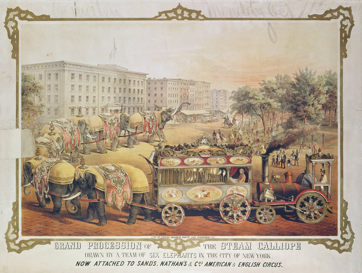 1857 के शहर न्यूयॉर्क में छह हाथियों के दल द्वारा तैयार की गई स्टीम कैलिओप का भव्य जुलूस द्वारा अमेरिकी स्कूल