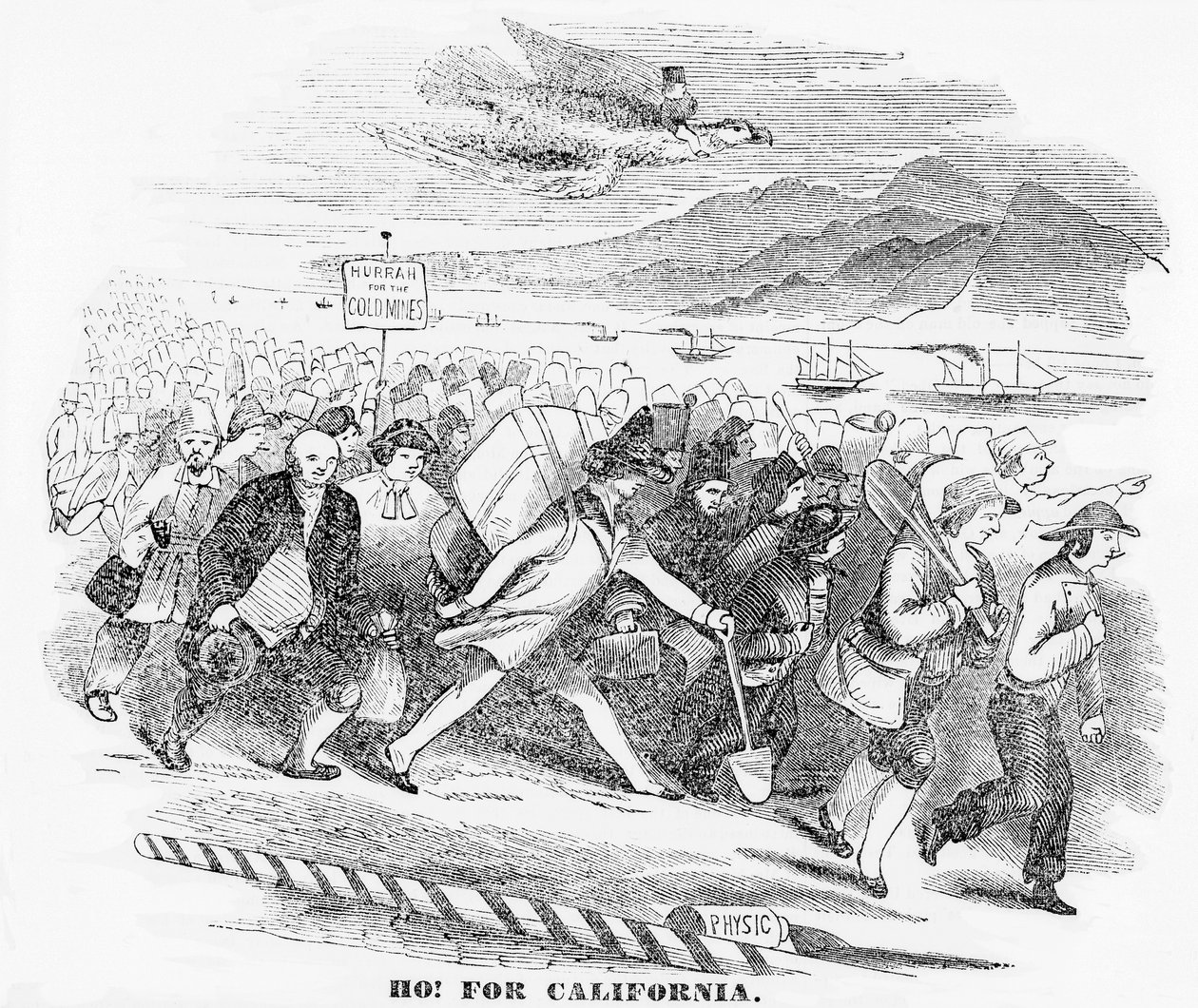 हो! कैलिफोर्निया के लिए, न्यूयॉर्क एटलस से चित्रण, 14 जनवरी, 1849 द्वारा अमेरिकी स्कूल