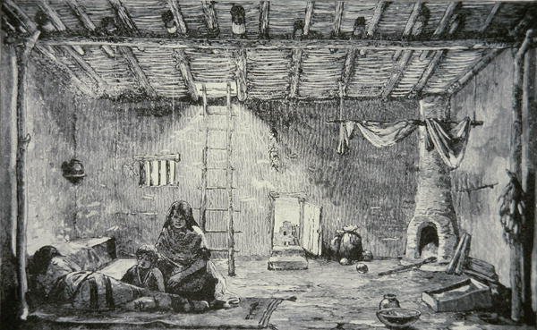 प्यूब्लो हाउस का इंटीरियर, c.1880 (उत्कीर्णन) द्वारा अमेरिकी स्कूल