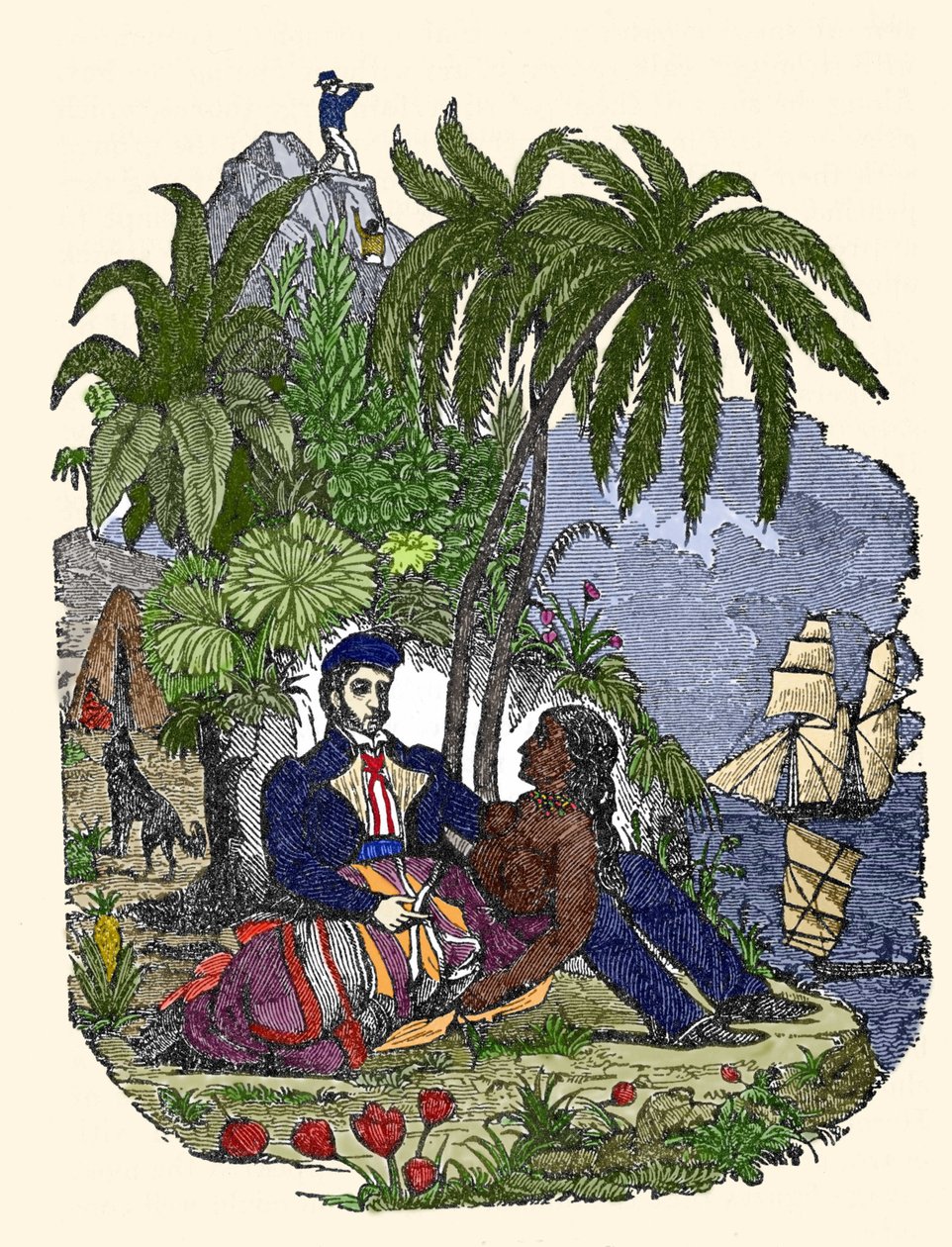 मेडागास्कर द्वीप पर समुद्री लुटेरों का जीवन। "द पाइरेट्स ओन बुक" 1837 का उत्कीर्णन। द्वारा अमेरिकी स्कूल