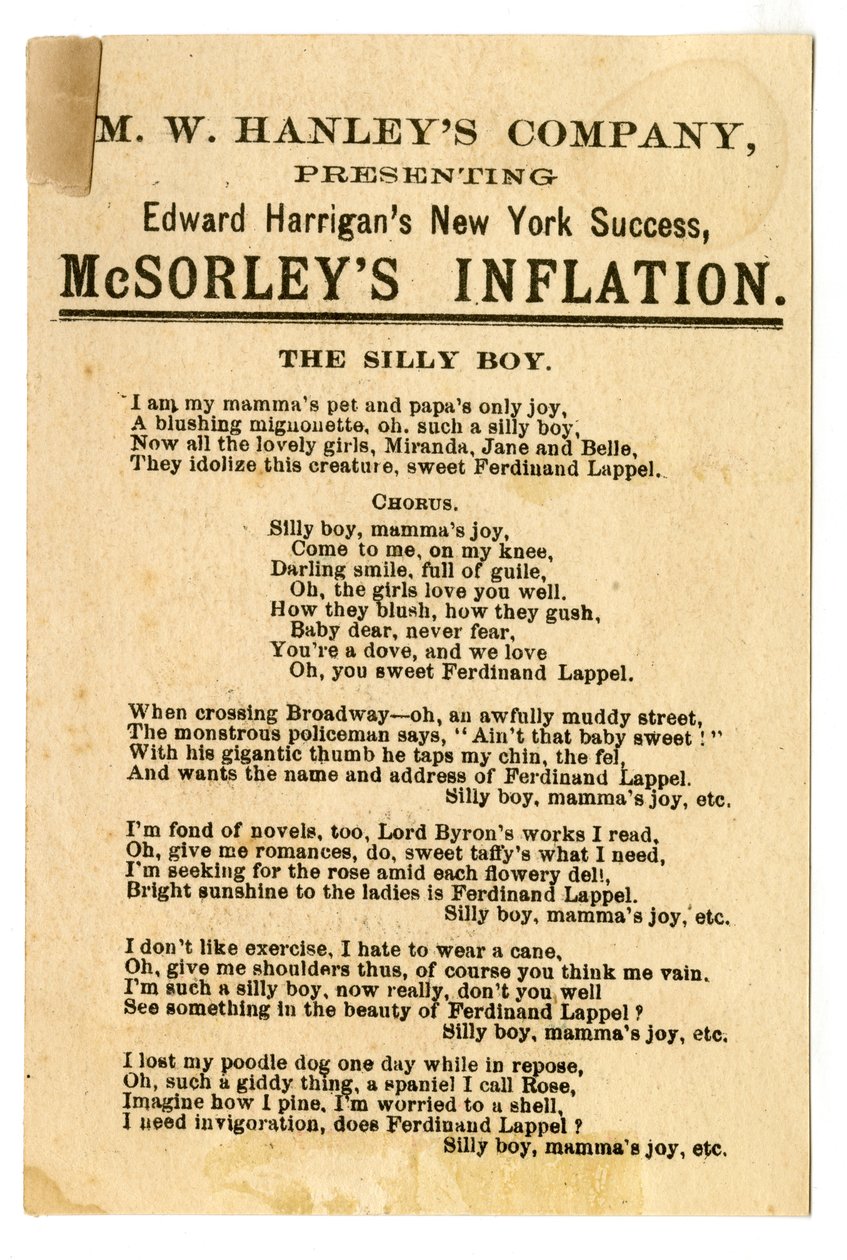 MW Hanleys Col ने एडवर्ड हैरिगन को नवीनतम NY सफलता, McSorleys Inflation [थिएटर कार्ड] पेश किया। वर्सो, c.1882 (लिथोग्राफ [ट्रेड कार्ड]) द्वारा अमेरिकी स्कूल