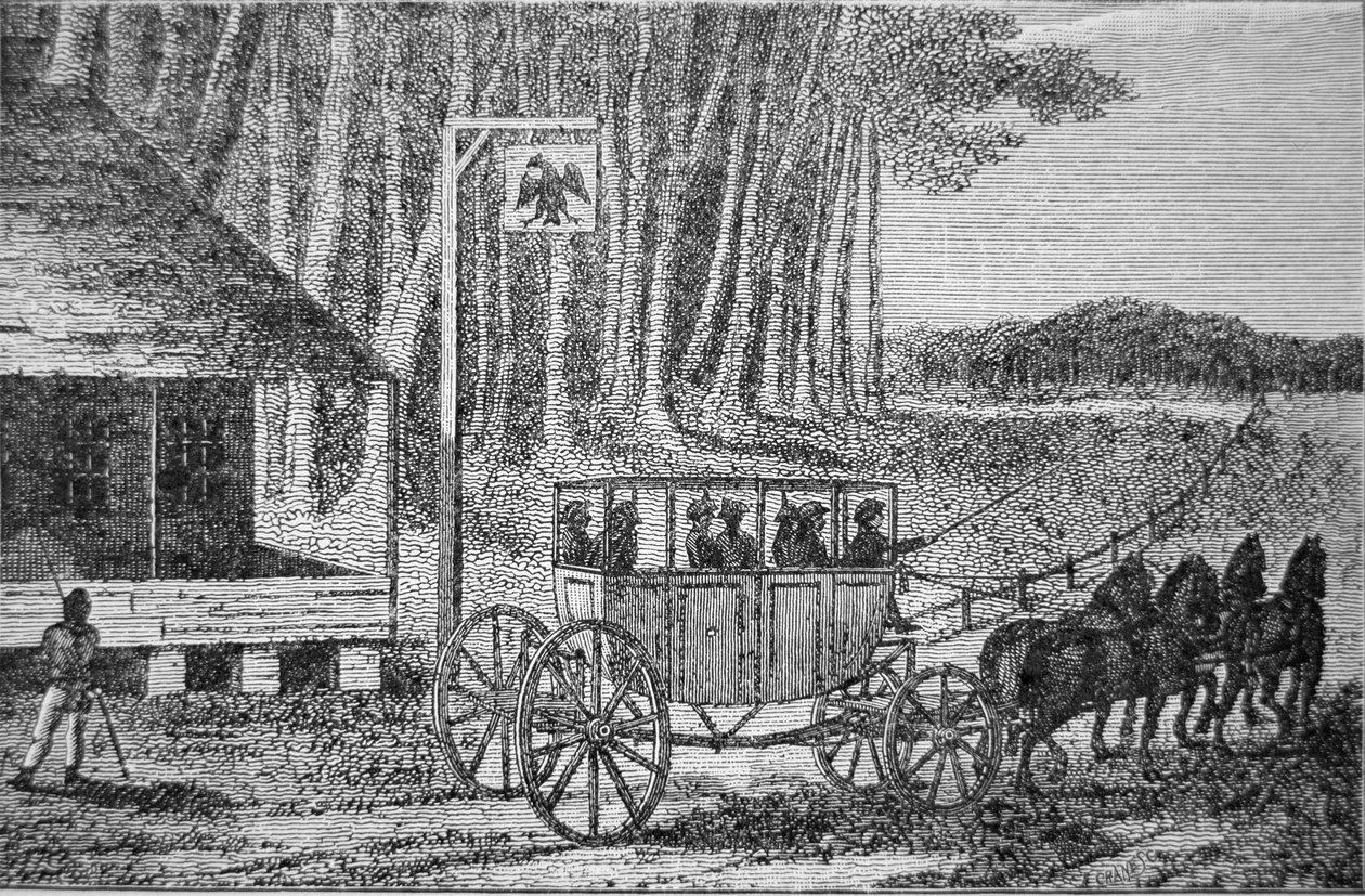 मेल कोच, आइजैक वेल्ड (1774-1856) 1795 (उत्कीर्णन) द्वारा 'ट्रैवल्स इन नॉर्थ अमेरिका' का चित्रण द्वारा अमेरिकी स्कूल