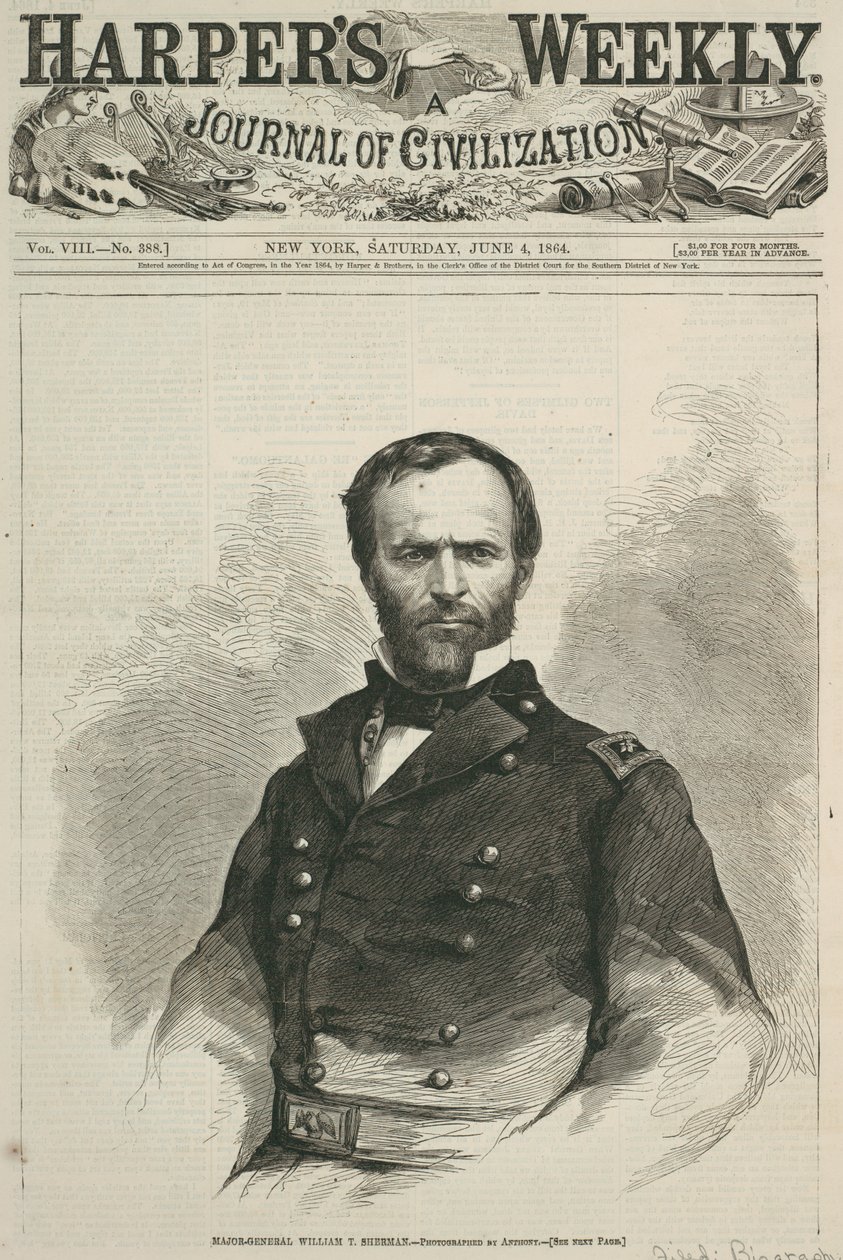 मेजर-जनरल विलियम टी। शर्मन, हार्पर्स वीकली का मुख पृष्ठ, 1864 (लकड़ी की नक्काशी) द्वारा अमेरिकी स्कूल